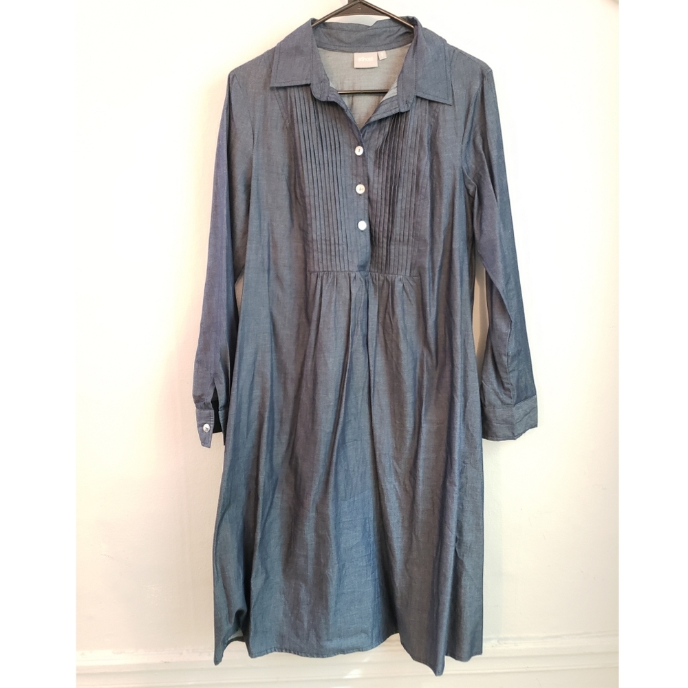 Pintucked Bib Chambray Trapeze Dress